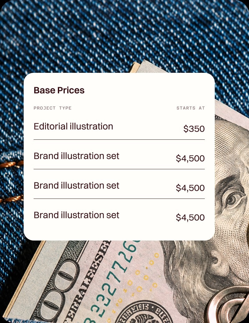 Base prices card over denim and cash
